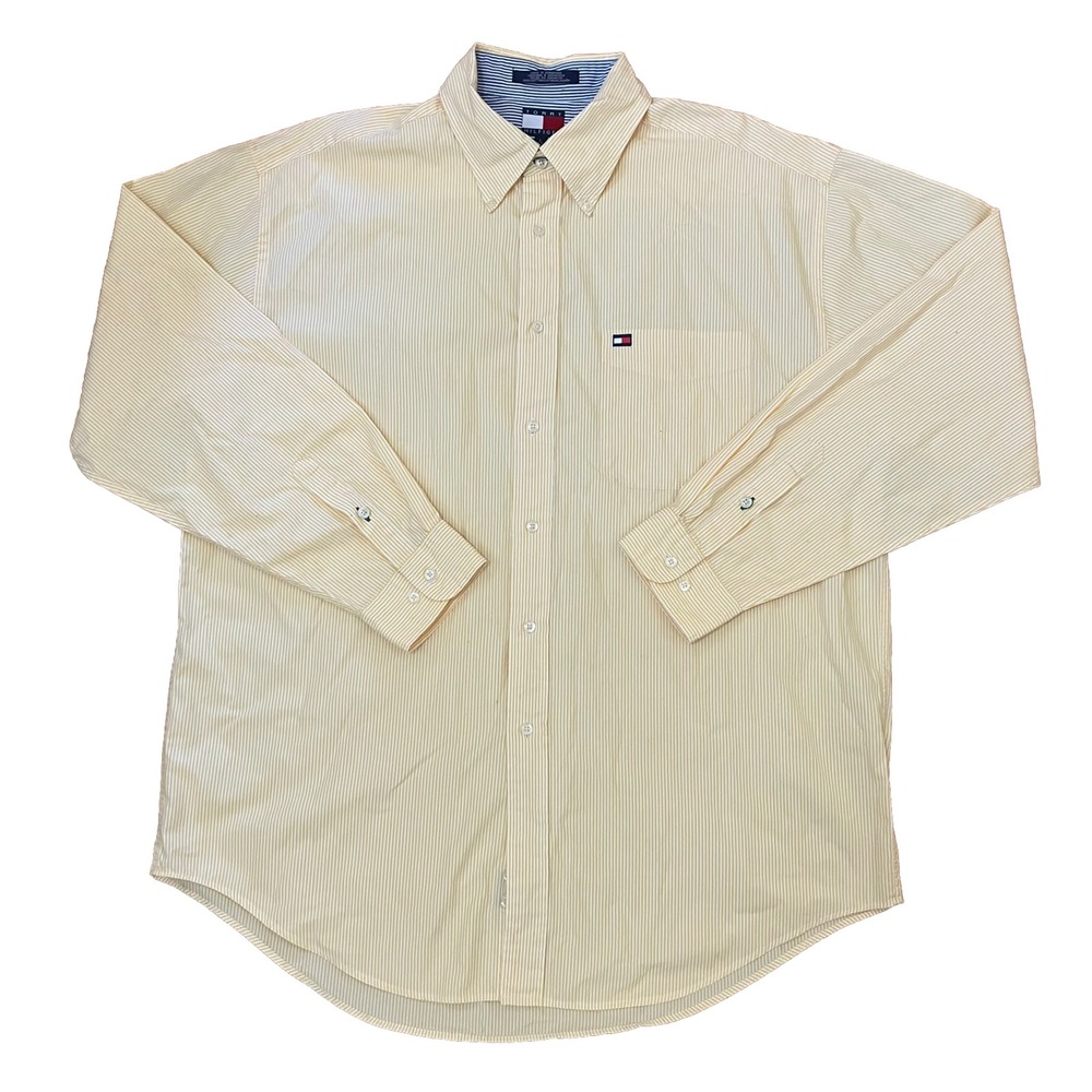 TOMMY HILFIGER dress shirt mens large 100% Cotton Long Sleeve Yellow/white Strip